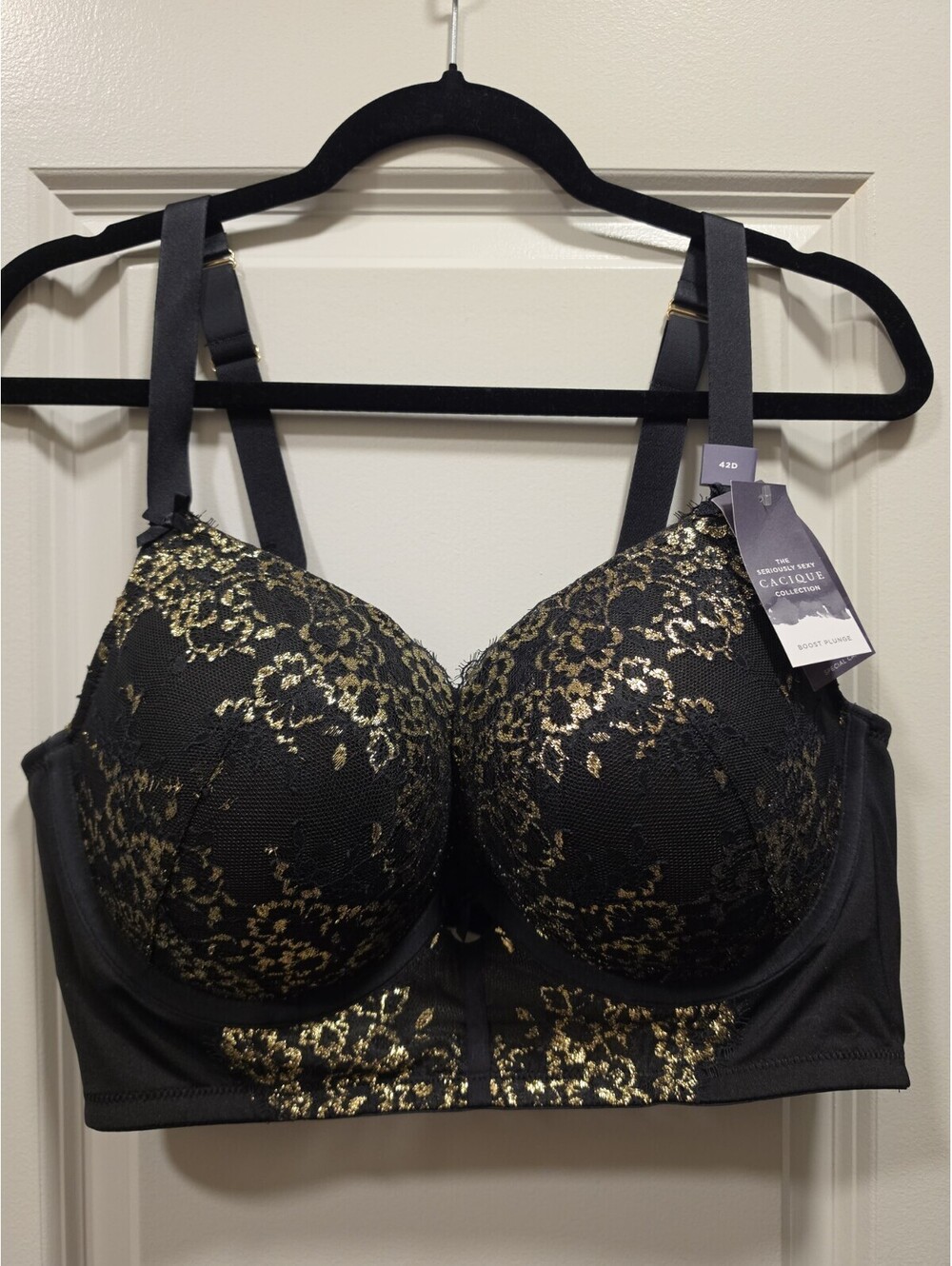 Cacique 42D Boost Plunge Black And Gold Lace Front Lane Bryant Bra
